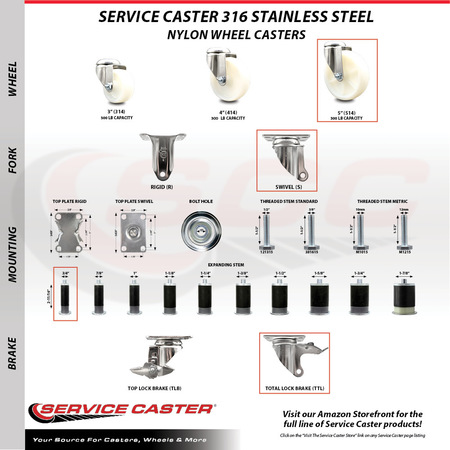 Service Caster 5 Inch 316SS Nylon Wheel Swivel 3/4 Inch Expanding Stem Caster Lock Brake SCC SCC-SS316TTLEX20S514-NYS-34